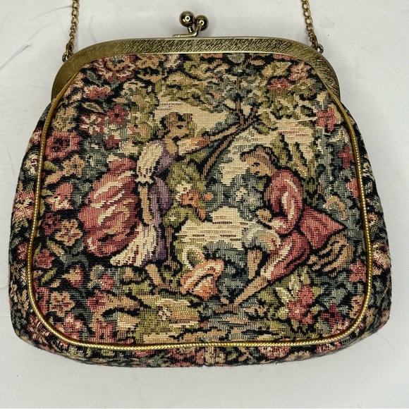 Victorian Tapestry Small Handbag Gold Hardware KISS Lock Closure Chain Strap 6X6 - Picture 4 of 10